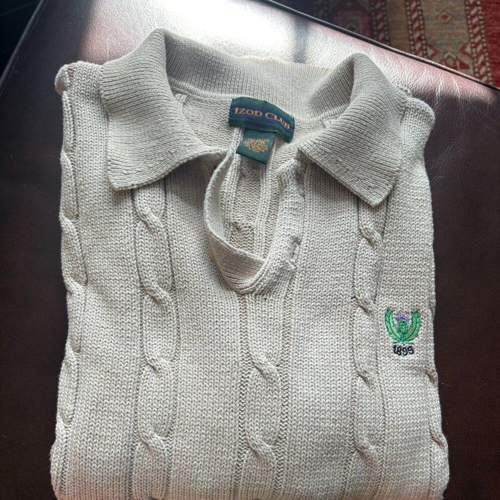 IZOD Club Golf Sweater Mens L Beige V Neck